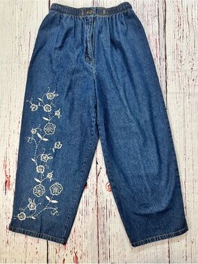 T & Company S Blue Floral Embroidered Elastic Waist Jeans Wide Leg Y2K Cottageco